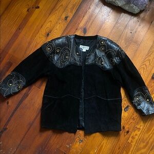 Elegant Gold Studded Black Genuine Leather Jacket